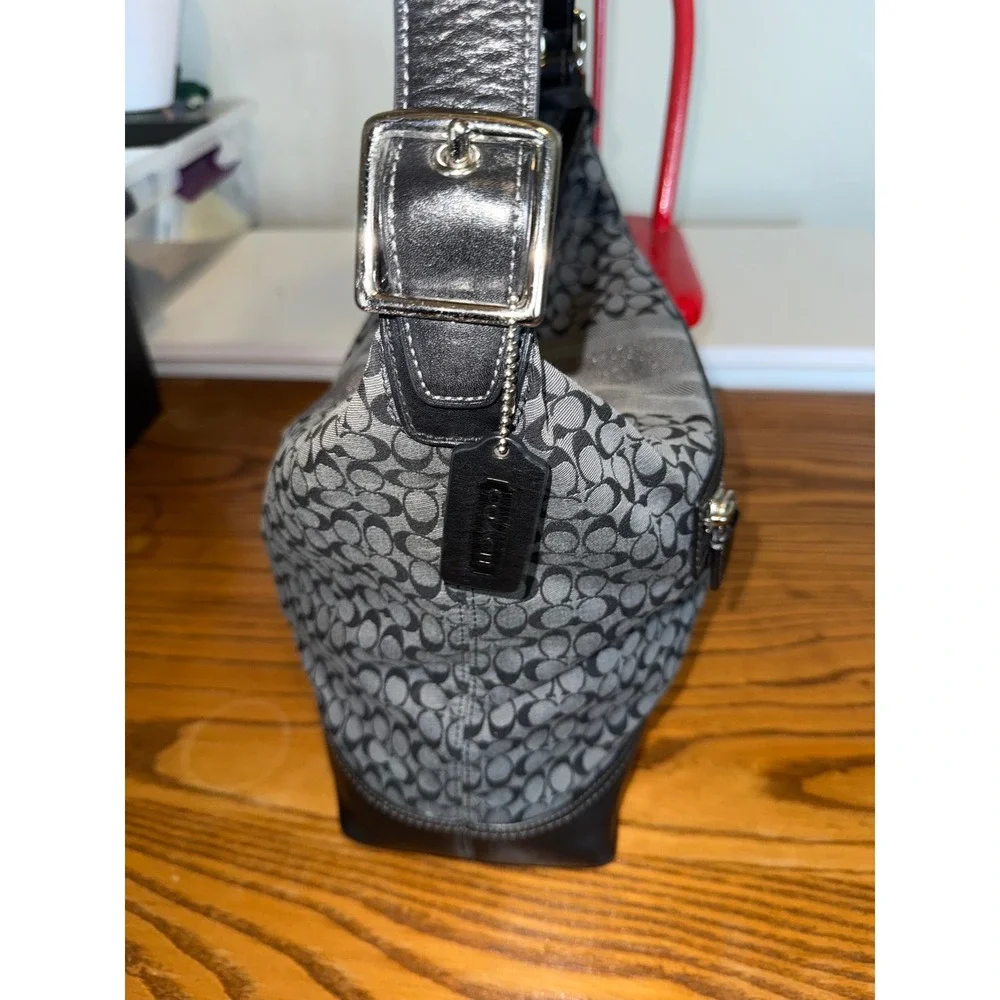 Coach Signature Stripe Crossbody‎ Bag Black Grey Canvas Leather Tassel